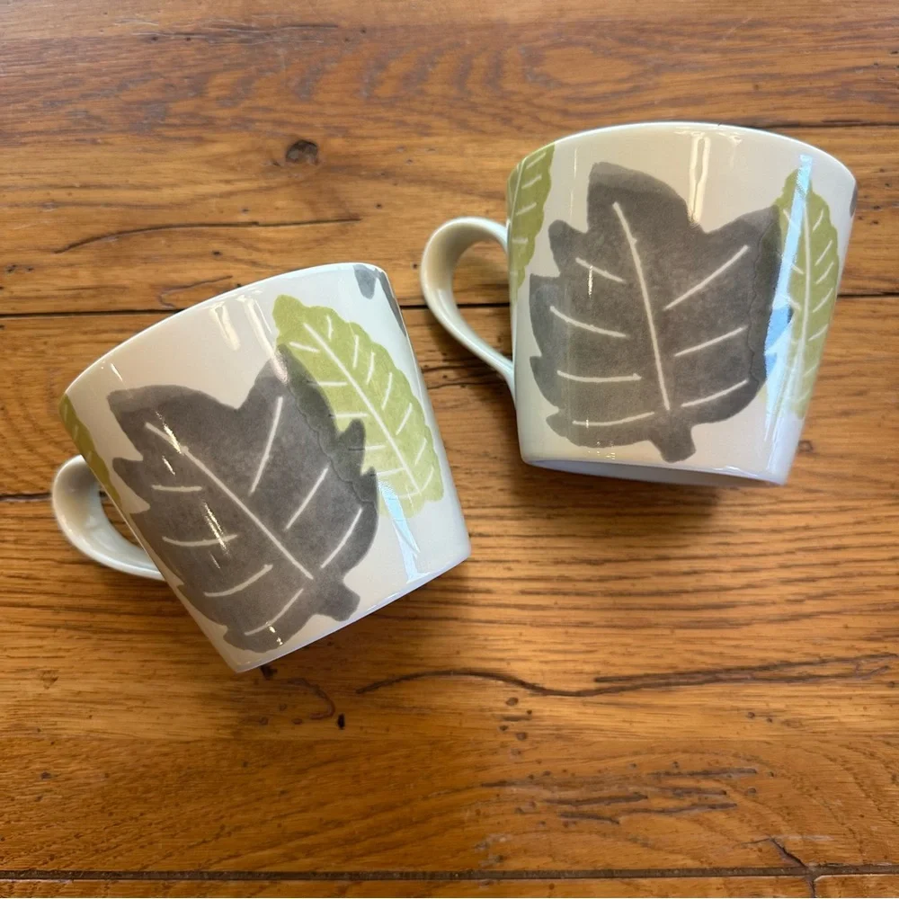 2 Crate & Barrel by Barbara Eigen Ivory Mugs With Painted Leaves 3” High